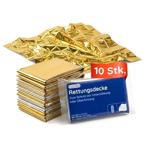 FLEXEO 10 × Rettungsdecke Gold/Silber, 210 × 160 cm | Rettungsfolie, Notfall, Erste-Hilfe-Decke, Notfalldecke, Emergency Blanket | Goldfolie/Silberfolie
