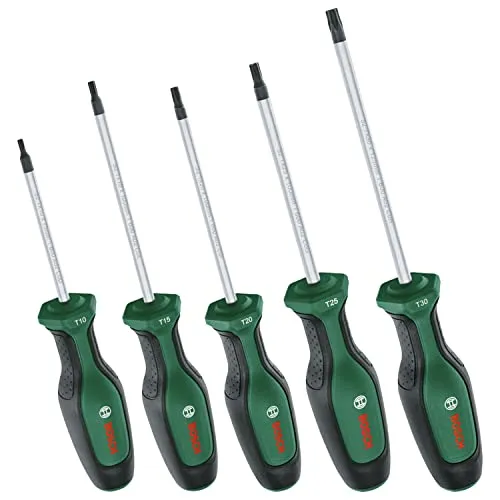 BOSCH Schraubendreher-Set Torx, 5-teilig - Ergonomisch und Hochleistungsfähig - Schraubendreher-Set für optimale Kraftanwendung mit ergonomischem Softgrip. Hergestellt aus hartem S2-Stahl mit magnetischen Spitzen für stabilen Halt.