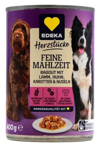 Edeka Feine Mahlzeit mit Lamm & Huhn, Nudeln und Karotten Hundefutter - Dosenfutter für Hunde, speziell mit Tierärzten entwickelt und reich an natürlichen Ballaststoffen sowie Vitaminen für den optimalen Zellschutz. 20 x 400g Dose.