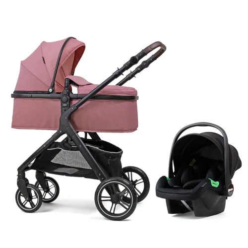 Pixini Kombi-Kinderwagen Nelio 3in1 Set - Kombikinderwagen in Rosa, ausgestattet mit Feststellbremse, abnehmbarem Sicherheitsbügel und verstellbarer Rückenlehne für höchsten Komfort ab Geburt.