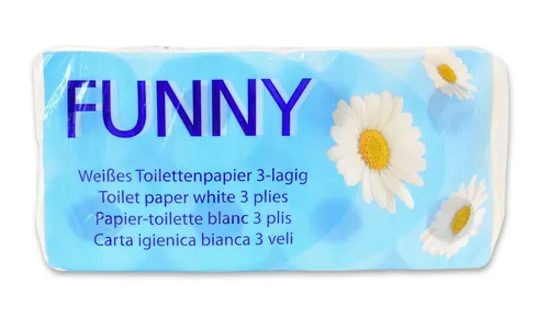 Funny Toilettenpapier 3-lagig, 72 Rollen mit Motiv - Hochwertiges 3-lagiges Toilettenpapier aus 100% Zellstoff, reißfest und griffsicher. Jede Rolle bietet 250 Blatt in Premium-Qualität mit schöner Motiv-Prägung. Ideal für Gastronomie und öffentliche Einrichtungen.