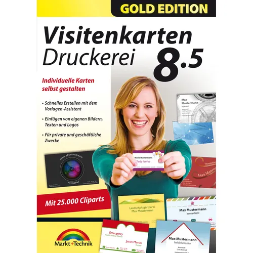 Markt+Technik Visitenkarten Druckerei Gold Edition - Software für individuelle Visitenkarten, einfache Gestaltung mit Vorlagen-Assistent und 25.000 Cliparts. Ideal für professionelle Auftritte und kreative Designs.