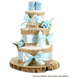 dubistda-WINDELTORTEN Neugeborenen-Geschenkset - Windeltorte 3-stöckig mit 'Oh Baby'-Holz Caketopper und süßen Baby Booties in Blau, das perfekte Geschenk zur Geburt.