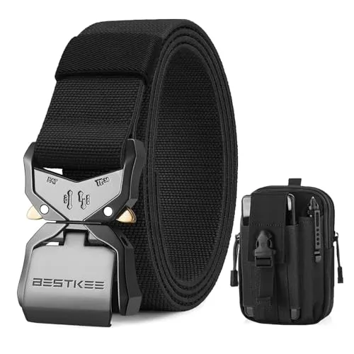 BESTKEE Herren Taktischer Gürtel, Arbeitsgürtel Schwerlast Gürtel, Militärstil mit Schnellverschluss Metallschnalle 38MM Breite, Geschenk mit taktischem Molle Beutel und Haken,Schwarz