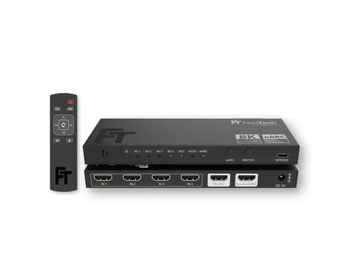 FeinTech AX340 HDMI 2.1 eARC Pass Switch 4 In 1 Out - Video Umschaltpulte mit Unterstützung für 8K 60Hz und 4K 120Hz, ideal für Gamer und Heimkino mit verlustfreier Audioübertragung und automatischer Geräteeinwahl.