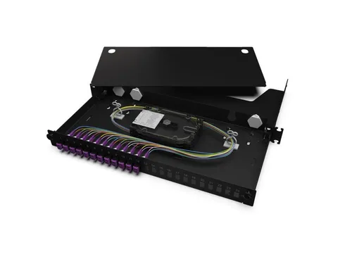Corning LANscape Spleißbox 12x LC-Duplex OM4 - Zubehör für Server: Ausziehbare LWL Spleißbox für 12x LC-Duplex-Adapter, ideal für leistungsstarke Glasfaser-Verkabelung im 19-Zoll-Rack, optimiert für einfache Installation und Wartung.