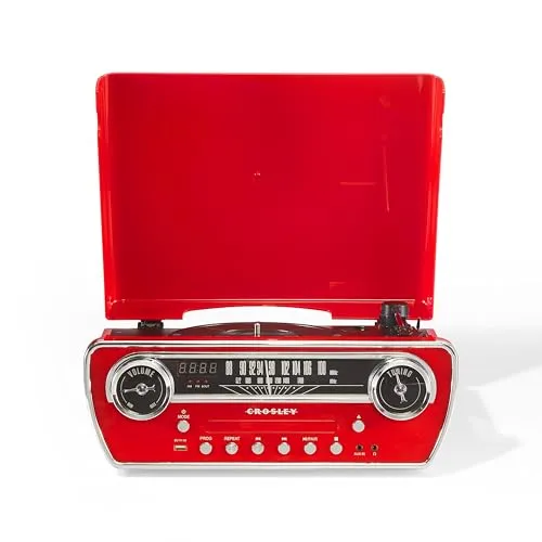 Crosley Powel 7-in-1 Plattenspieler mit Lautsprechern & CD-Player Vintage Car Design Bluetooth Plattenspieler Entertainment System mit AM/FM Radio Retro Red Style für Vinyl, Digital & Wireless Musik