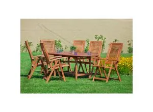 Gartenmöbel-Set Cordoba 7-tlg. Braun mit klappbaren Sessel - Das 7-teilige Gartenmöbel-Set Cordoba bietet ergonomisch geformte Klappsessel mit 5-fach verstellbarem Rücken für optimalen Komfort. Der ovale Ausziehtisch ist flexibel von 120 cm auf 170 cm erweiterbar und aus hochwertigem, geöltem Eukalyptus-Holz.