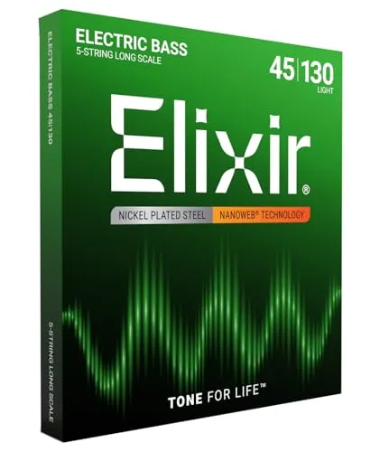 Elixir 14202 Nickel Plated Steel 5-String Light - Gitarren- & Bass-Zubehör: E-Bass Saiten mit NANOWEB-Beschichtung für verbesserten Grip und Schutz vor Korrosion, bieten vollen, runden Ton und hervorragende Mittenpräsenz.