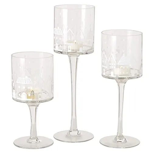 BOLTZE 3tlg Set Windlicht Nordy I klar mit Häusern & Herzen in Weiß I Höhe 20cm, 25cm & 30cm I Teelichthalter auf Fuß I Tisch-Deko, Herbst, Winter I Kerzenständer aus Glas, Kerzenhalter