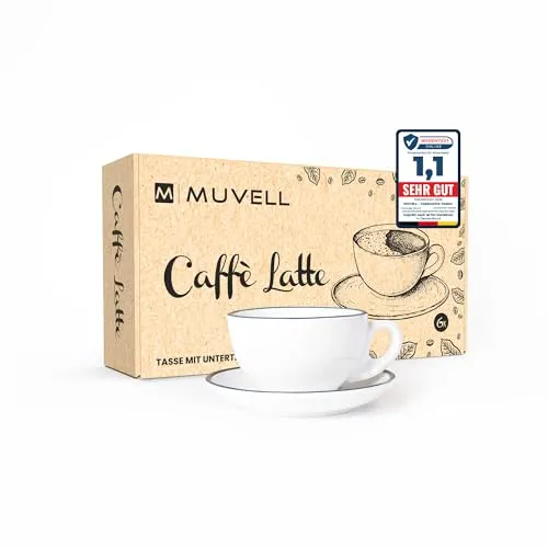 MUVELL Milchkaffee Tassen Set - 6 dickwandige Keramiktassen mit Untertassen - Elegantes Tassen Set für Milchkaffee, 290 ml, mit 0,8 cm Wandstärke. Ideal für Kaffeegenuss zu Hause oder im Büro und perfekt als Geschenk.