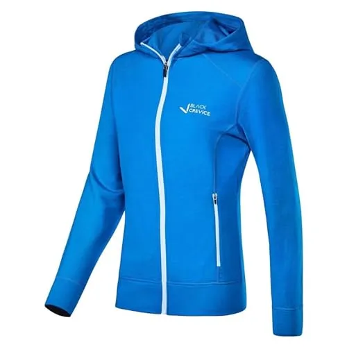Black Crevice Damen Merino Kapuzenjacke, hawaiian blue, Größe 40 - Jacken für Damen mit 70% Merinowolle für hohen Tragekomfort, geruchshemmend und antibakteriell, ideal für Outdoor-Aktivitäten und stilvolle Freizeitlooks.