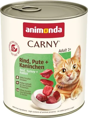 animonda Carny Katzen Nassfutter Rind + Pute + Kaninchen (6 x 800g), getreidefreies Katzen Nassfutter ohne Zucker, mit frischen fleischigen Zutaten