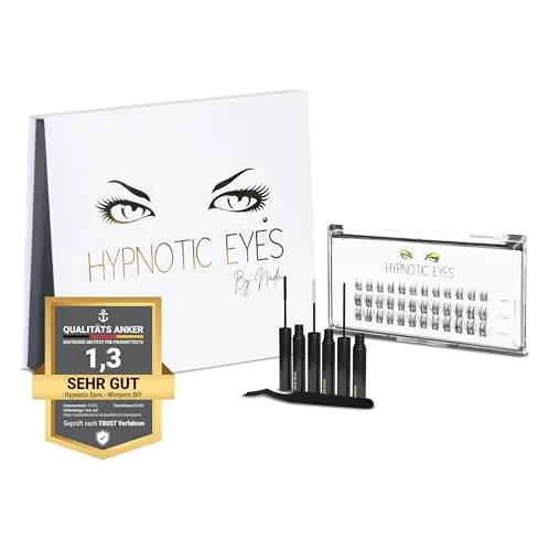 HYPNOTIC EYES – Handgemachte Wimpern Extensions. Cluster Lashes Wimpernverlängerung. DIY Lash Set für Zuhause mit Wimpernkleber, Entferner und Applikationszange, langer Halt, mehrere Anwendungen