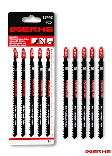 WERHE ® Profi – 5 x Holz Stichsägeblätt – C 132mm T344D Lang – Schnelles Schneiden dicker Schichten – Kompatibel mit Bosch, Metabo, Milwaukee, Makita Stichsägen