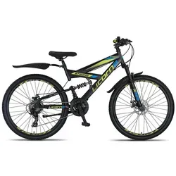 Licorne Bike Mountainbike Strong 2D Premium - 26, 27,5 und 29 Zoll - Hochwertiges Mountainbike in Schwarz/Blau/Lime, ideal für Offroad-Abenteuer mit einem zulässigen Gesamtgewicht von 95 kg.