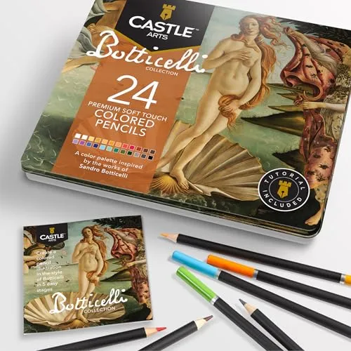 Castle Arts Buntstifte in einer Blechdose, perfekte Farben, inspiriert von Botticelli, glatte Farbkerne, hervorragende Mischung und Schichtleistung, 24 Stück