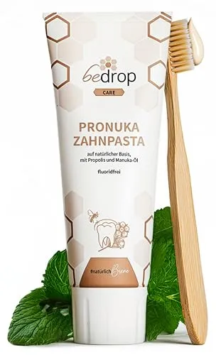 bedrop Pronuka Zahnpasta – Fluoridfrei mit Propolis & Manuka-Öl - Zahnpasta ohne Mikroplastik und Titandioxid, für natürliche Zahnpflege mit Kariesschutz und erfrischendem Zitrone-Minze Geschmack – liebevoll in Deutschland hergestellt.