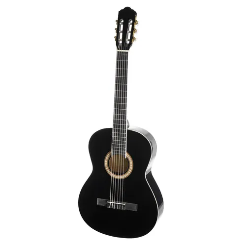 Almeria CG-390 Konzertgitarre, Schwarz - Hochwertige 4/4-Konzertgitarre mit massiver Linde Decke für vollen Klang und lebendige Ansprache, ideal für Gitarrenunterricht.