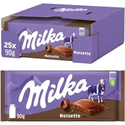 Milka Noisette Tafel 25 x 90 g - Schokolade mit 100% Alpenmilch, gefüllt mit cremigem Nougat. Perfekt für Naschkatzen und Schokoladenliebhaber!