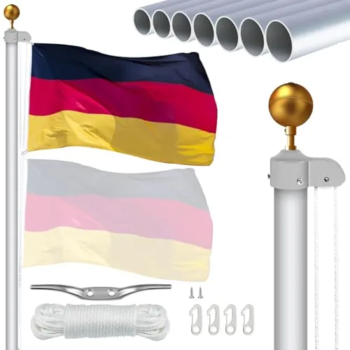 NQ 20FT Aluminium Fahnenmast 6m - Höhenverstellbar und Stabil - Fahnenmasten & Zubehör - Robuster, rostfreier Aluminium-Mast mit 6m Höhe, perfekt für den Außenbereich und ideal zum Hissen von zwei Flaggen gleichzeitig.