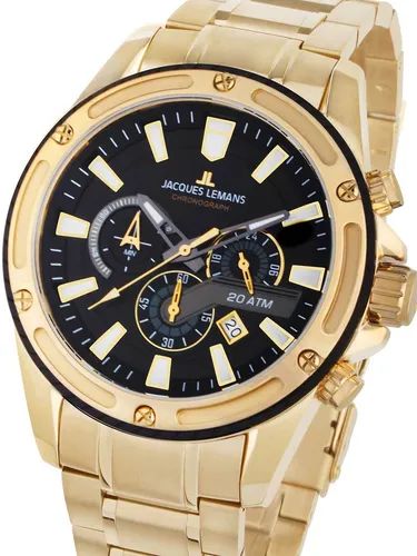 Jacques Lemans 1-2141J Liverpool Chronograph Herrenuhr 48mm - Gold - Sportliche Herrenuhr mit 24-Stunden-Chronograph und 20 ATM Wasserdichtigkeit. Elegantes Design aus Edelstahl in Gold, ideal für den täglichen Einsatz und besondere Anlässe.