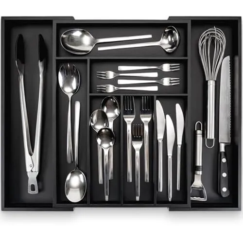 budu Besteckkasten #43 (Tiefe 43cm) aus Bambus - Schwarz - Schubladen Ordnungssystem für die Küche - Besteckkasten für Schubladen aus Bambus - Ausziehbar - Kitchen drawer organizer - Kitchen organizer