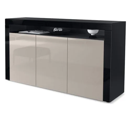 Vladon Sideboard Valencia - Modernes Möbelstück in Schwarz matt/Sandgrau Hochglanz - Sideboard mit 3 Türen und 1 offenem Fach, pflegeleichte Oberfläche und vielseitig kombinierbar für Wohnzimmer, Schlafzimmer oder Flur.