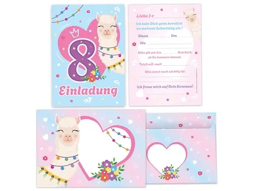 Einladungskarten inkl. 12 Umschläge zum 8. Kindergeburtstag Motto-Party Feier Fest Einladung Set Geburtstag Mädchen Kinder Lama Herz Queen rosa blau 12