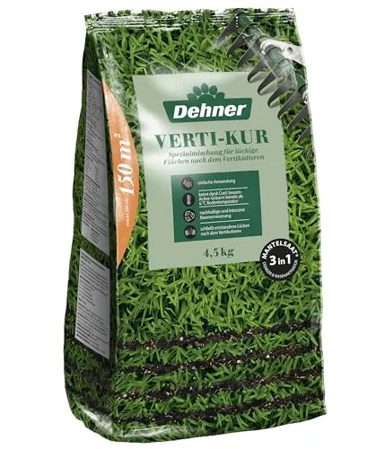 Dehner Saatgut Rasen Verti-Kur 4,5 kg - Gräsersamen & -pflanzen, 3-in-1 Lösung für schnelle und nachhaltige Rasenerneuerung mit 50 % Mantelsaat für optimalen Schutz der Keimlinge.