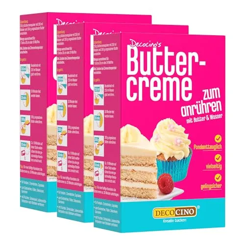 DECOCINO Vanille Buttercreme Fertigmischung (3x250g) - fertige Buttercreme Mischung im Vanille Geschmack, ideal für Torten, Kuchen und Cup Cakes, Topping, Motivtorten, Frankfurter Kranz, Geburstag