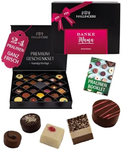 Hallingers Genuss Manufaktur Pralinen Geschenk für Mama – handgemacht in edler Geschenkbox, ohne Alkohol, zart schmelzend & in feiner Confiserie-Qualität, als besonderes Danke Geschenk zum Muttertag