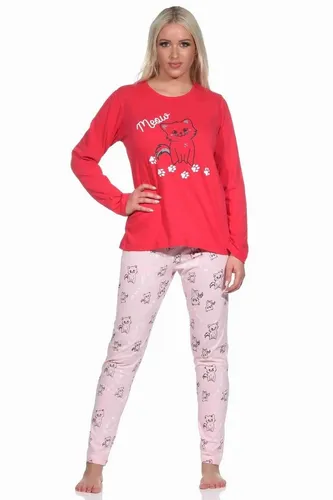 Normann Pyjama Süsser Damen Schlafanzug lang mit Katzen-Motiv - Bequemer Damen Schlafanzug in Rosa mit niedlichem Katzen-Motiv. Ideal für entspannte Nächte, aus 100 % Baumwolle für angenehmen Tragekomfort.