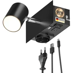 ledscom.de Wandspot WAIKA 1-flammig schwarz mit Steckdose und USB-Anschlüssen - Stylische Wandleuchte mit 230V-Steckdose und USB-Anschlüssen. Ideal zum gleichzeitigen Laden mehrerer Geräte. Elegantes Design für jedes Wohnambiente, inklusive energiesparender LED GU10 Lampe.