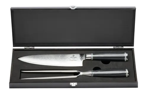 CHEF CUISINE International Tranchierbesteck aus Damast - Chef-Messer & Tranchiergabel - Küchenmesser mit ergonomisch geformtem Pakkaholzgriff für optimalen Komfort und Präzision beim Tranchieren.