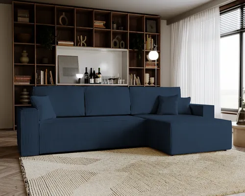Ecksofa mit Schlaffunktion Amalia L - Dunkelblau, Rechts - Stylisches Ecksofa mit Schlaffunktion und Bettkasten – Amalia L. Perfekt für kleine Räume, bietet es zusätzlichen Stauraum und verwandelt sich mühelos in einen großzügigen Schlafbereich. Genießen Sie Komfort und modernes Design in Ihrem Wohnzimmer!