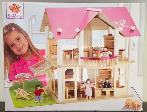 Eichhorn Puppenvilla 100002513 mit 4 Puppen und Möbel - Puppenhäuser & -stuben, Komplettes Puppenhaus-Set aus Holz mit 4 Puppen und Möbeln für kreatives Spielen.