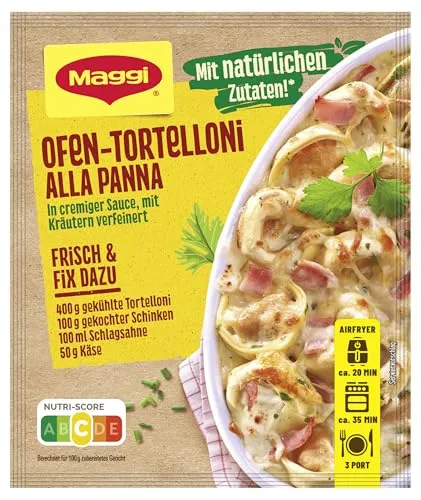 MAGGI Fix für Ofen Tortelloni alla Panna 36g - Schnelle Zubereitung eines köstlichen Nudelauflaufs mit Tortellini und cremiger Sauce. Ideal für ein einfaches und leckeres Gericht im Backofen.