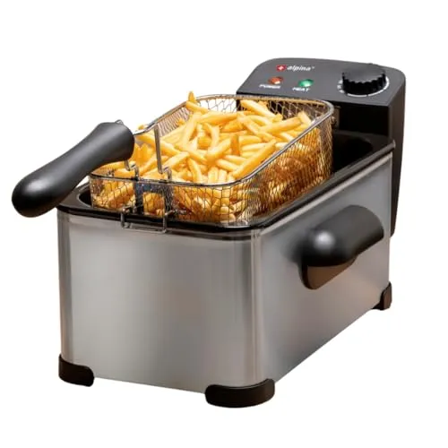 alpina Friteuse mit Fett 3L - Leistungsstarke Edelstahl-Fritteuse mit Thermostat - Tiegelfritteusen - 3L Fassungsvermögen, einstellbares Thermostat für perfekte Frittierergebnisse und abnehmbarer Korb für einfache Reinigung.