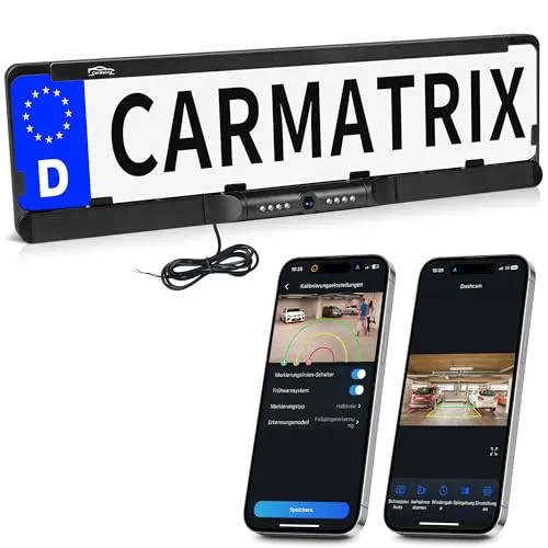CARMATRIX WLAN Funk Rückfahrkamera im Kennzeichenhalter für Smartphone - Rückfahrkamera mit HD-Qualität und KI-Funktion zur Personen- und Fahrzeugerkennung, ideal für sicheres Rückwärtsfahren und Einparken. Kabellose Verbindung und einfache Installation.