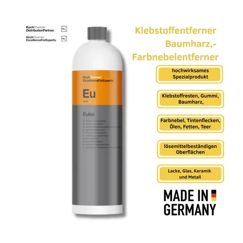 Koch Chemie Eulex Klebstoff- und Fleckenentferner 1L - Effektiver Kleber- und Fleckenentferner für die Außenreinigung, entfernt Baumharz, Teer und Aufkleberreste mühelos.