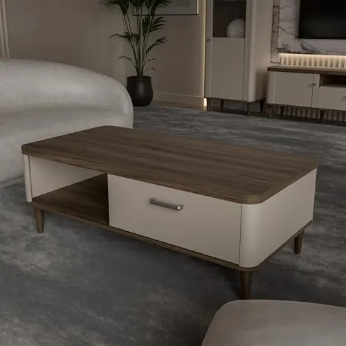 Forte LACETTI Couchtisch 120 cm – Moderner Sofatisch mit Skandi Lamellen Design - Eleganter Sofatisch mit praktischer Schublade für mehr Ordnung im Wohnzimmer. Robuste Verarbeitung und abgerundete Kanten verleihen ein ansprechendes Design. Ideal für moderne Wohnstile.
