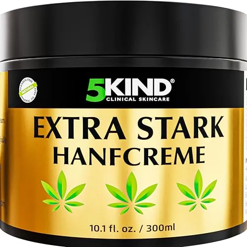 5kind Extra Stark Hanfcreme 300 ml – Hochdosiertes Hanf Gel gegen Muskelkater - Medikamente für Muskeln, Knochen & Gelenke – Beruhigt effektiv Rücken, Nacken und Gelenke mit einer besonderen Formel aus über 11 natürlichen Extrakten für schnellere Regeneration.