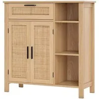 COSTWAY Sideboard Holz mit Rattangeflecht-Türen - Kommode mit vielseitigen Aufbewahrungslösungen, inkl. ausziehbarer Schublade und verstellbarem Regal. Ideal für ein aufgeräumtes und stilvolles Zuhause!