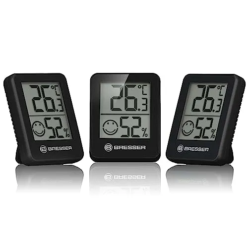 Bresser 3er Set Thermometer Hygrometer - Digitales Raumthermometer für Kontrolle Innenraum Luftfeuchtigkeit, Kühlschrankgeeignet, Wandmontage und Magnet, Schimmelvorbeugung - Indikator Smiley, Schwarz
