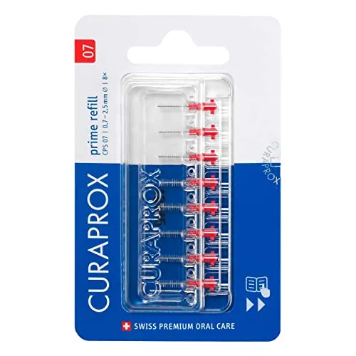 Curaprox Interdentalbürsten CPS 07 prime, Refill, 8 Stück, rot, 0.7 mm Durchmesser, 2.5 mm Wirksamkeit, Nachfüllpackung, ohne Halter
