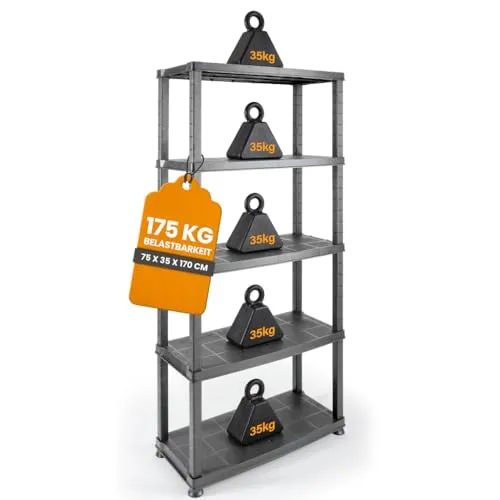 Kreher® Kunststoffregal „Evo“ mit 5 Böden - Praktisches Steckregal für Haushalt & Garage - Maximale Ordnung mit dem stabilen Kunststoffregal, ideal für Keller und Werkstatt. Flexibles Haken-System und hohe Traglast von bis zu 175 kg bieten vielseitigen Stauraum ohne Platzverlust.