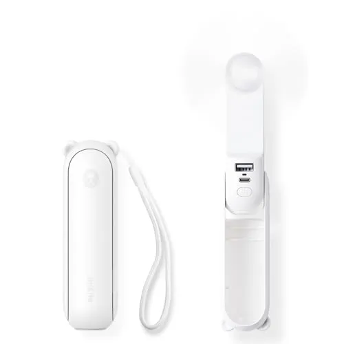 JISULIFE Mini Handventilator, 3-in-1 Handventilator, wiederaufladbarer USB [12–19 Betriebsstunden] mit Powerbank, Taschenlampe, tragbarer Ventilator für Reisen/Sommer, Geschenke für Frauen-Weiß
