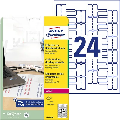 Zweckform Kabeletiketten L7950-20 - 480 Stück, weiß, 60 x 40 mm, reiß- und wasserfest, ideal zur Kabelkennzeichnung auch für den Außenbereich