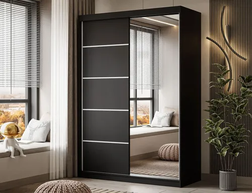 lukmebel Kleiderschrank Camaro II Plus - Schwebetürenschrank mit Spiegel - Kleiderschrank mit Schiebetüren, ideal für kleine Räume. Extrem geräumig mit 6 Ablagen und Kleiderstange, perfekt für moderne Schlafzimmer.
